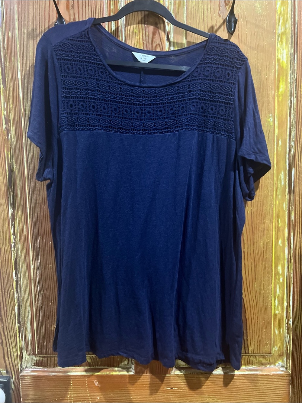 crown & ivy Navy Short-Sleeve Top with Lace Yoke